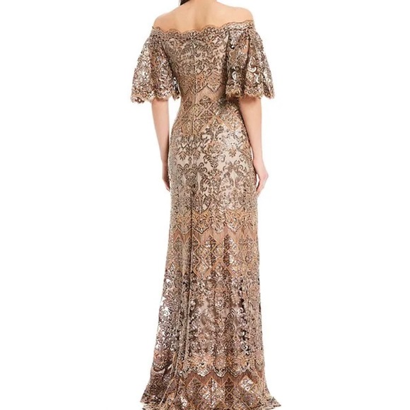 Tadashi Shoji off-the-Shoulder Flutter Sleeve Sequin Lace Scalloped Hem Gown - Picture 5 of 7